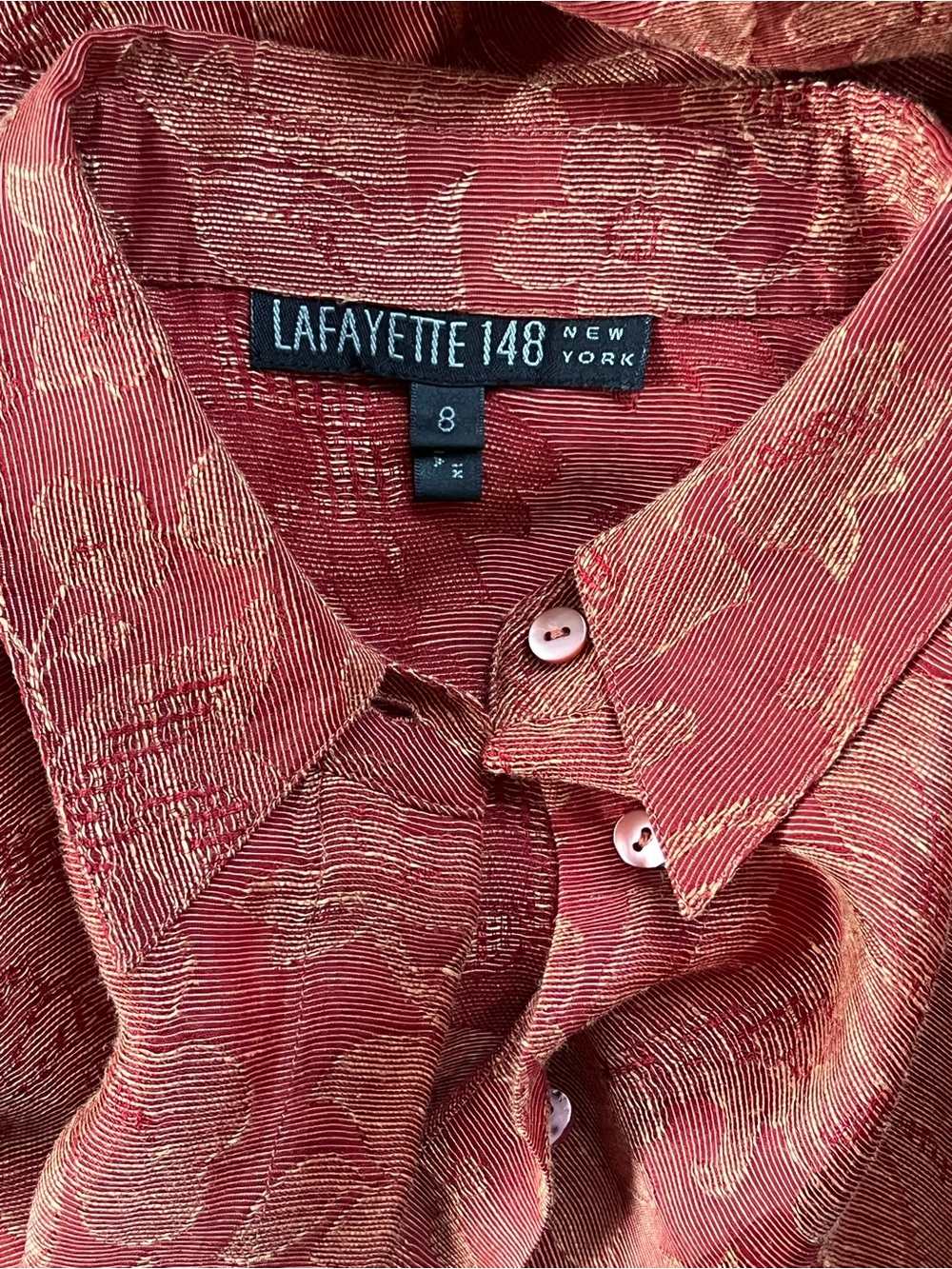 Lafayette 148 Red Silk and Linen Floral Jacquard Tie Front Blouse Size 8 - Picture 10 of 11